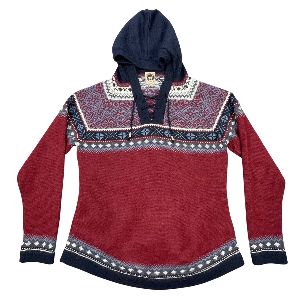 Artesania Red Navy Fair Isle Alpaca Blend Lace Up Hoodie Womens XL